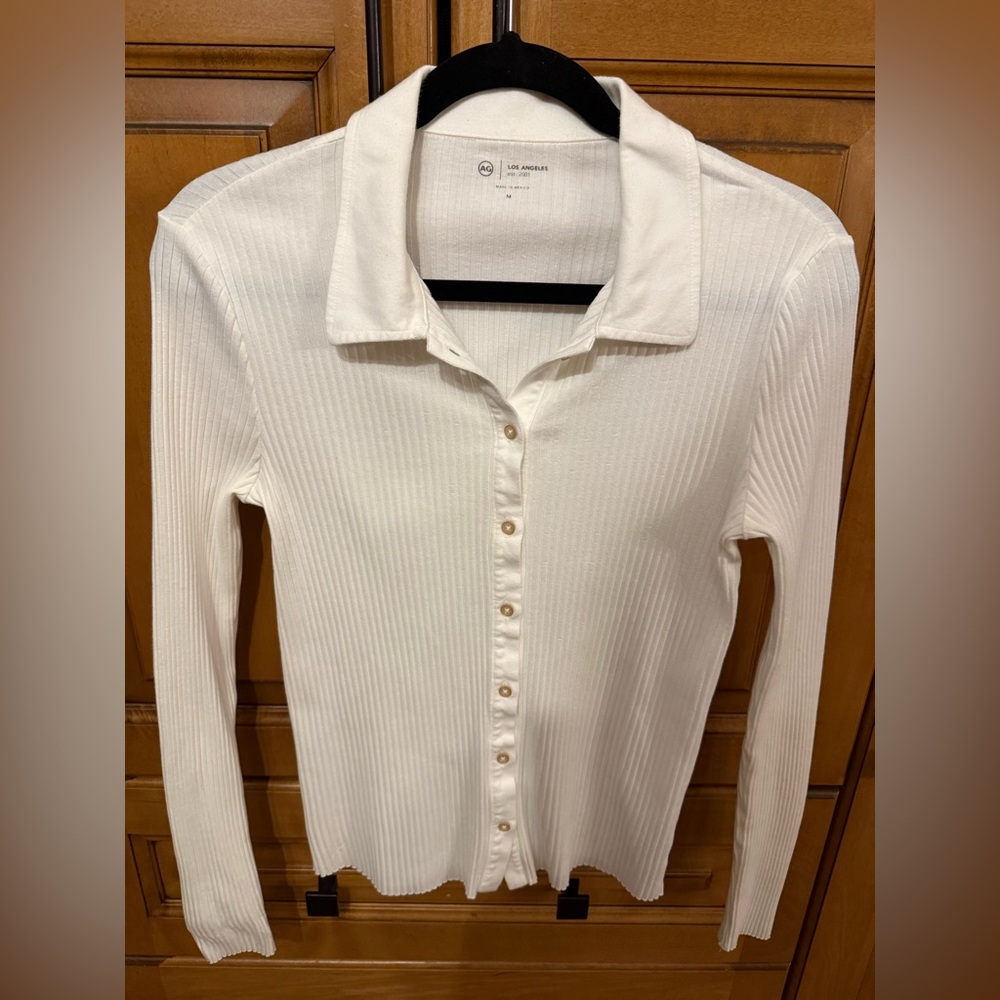 AG Adriano Goldschmied White Ribbed Button-Down Top